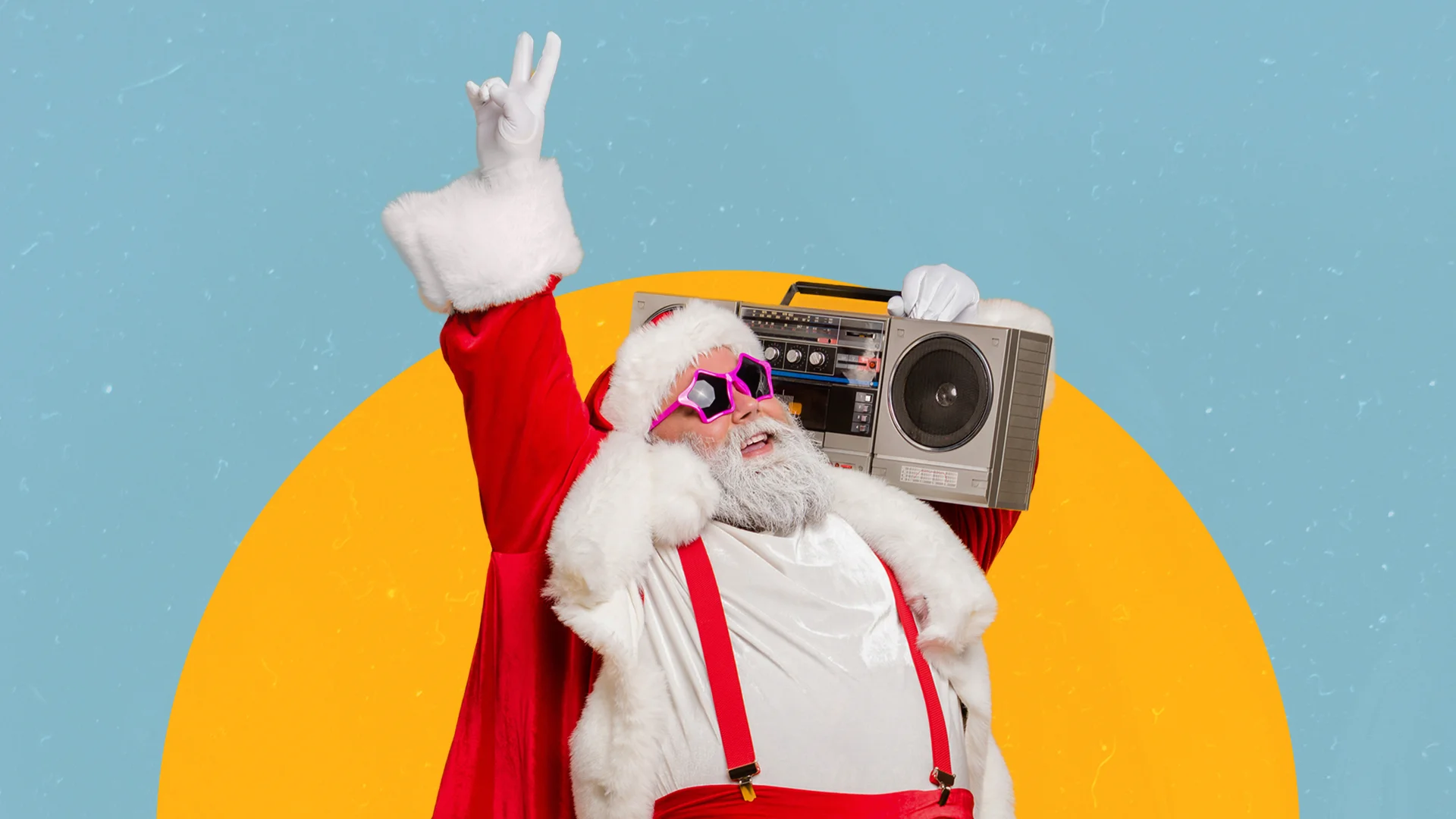 Vertical creative collage photo of positive good mood active santa boombox on shoulder have party isolated on blue color background.